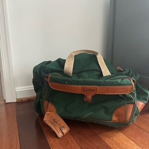 Vintage L.L. Bean Forest Green and Tan Duffel Bag with Luggage Tag